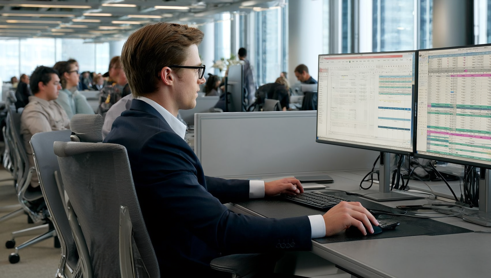 Financial analyst reviewing spreadsheets on dual monitors in a modern NYC office